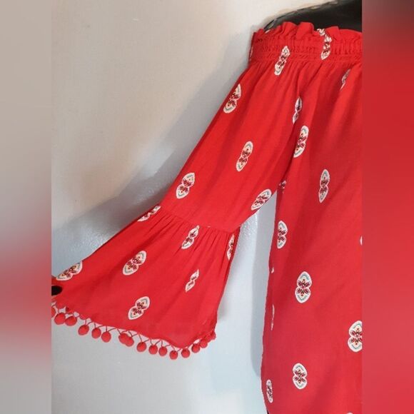 Grand and Greene red off shoulder pom pom bell sleeve blouse - Picture 5 of 5